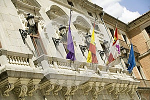 Flags in town center of Avila Spain, an old Castilian Spanish village