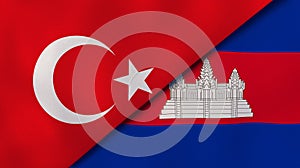 The flags of Turkey and Cambodia . News, reportage, business background. 3d illustration