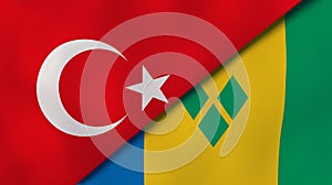 The flags of Turkey and Saint Vincent and Grenadines. News, reportage, business background. 3d illustration