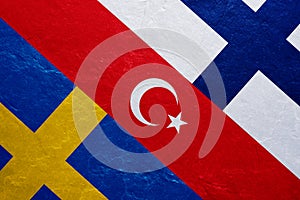 Flags of Turkey, Sweden and Finland on the concrete wall