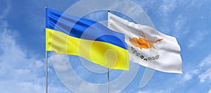 Flags of Ukraine and Cyprus on flagpoles in center. Flags on sky background. Place for text. Ukrainian. Cyprian. 3d illustration