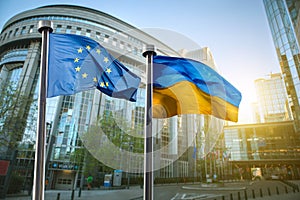 Flags of Ukraine and European Union in Brussels