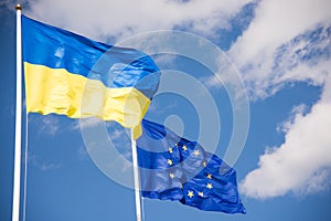 Flags of Ukraine and European Union (EU)