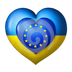 Flags of Ukraine and European Union. Two hearts in the colors of the flags isolated on a white background. Concept of protection,