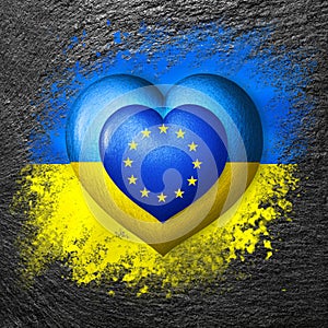 Flags of Ukraine and European Union. Two hearts in the colors of the flags are painted on the stone. Concept of protection,