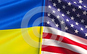 Flags of Ukraine and United States. Allied countries. Blue and yellow flag. State symbols. Sovereign state. Independent Ukraine.