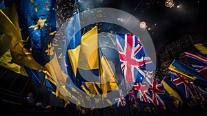 Flags of Union Jack and Ukraine Wave at Eurovision. Generative AI