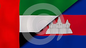 The flags of United Arab Emirates and Cambodia . News, reportage, business background. 3d illustration