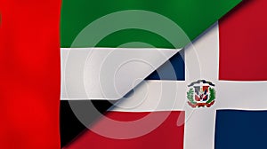 The flags of United Arab Emirates and Dominican Republic. News, reportage, business background. 3d illustration