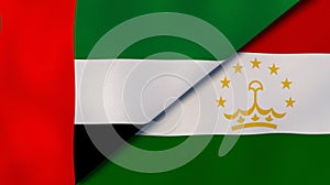The flags of United Arab Emirates and Tajikistan. News, reportage, business background. 3d illustration