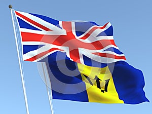 The flags of United Kingdom and Barbados on the blue sky. For news, reportage, business. 3d illustration
