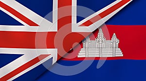 The flags of United Kingdom and Cambodia . News, reportage, business background. 3d illustration