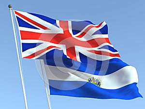 The flags of United Kingdom and El Salvador on the blue sky. For news, reportage, business. 3d illustration photo