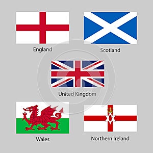 Flags of United Kingdom and its countries: England, Scotland, Northern Ireland and Wales