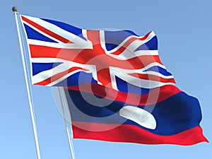 The flags of United Kingdom and Laos on the blue sky. For news, reportage, business. 3d illustration photo