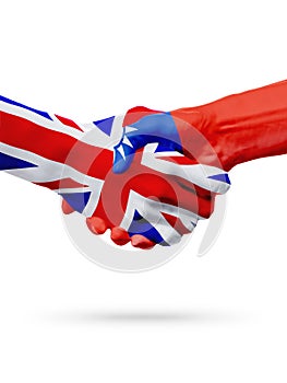 Flags United Kingdom, Taiwan countries, partnership friendship handshake concept.