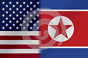 Flags of   United States of America AND NORTH KOREA that come together showing a concept that means trade, political or other rela