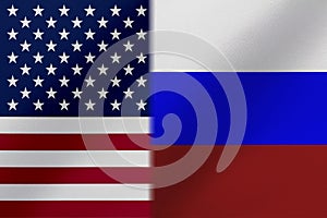 Flags of United States of America AND RUSSIA that come together showing a concept that means trade, political or other relation