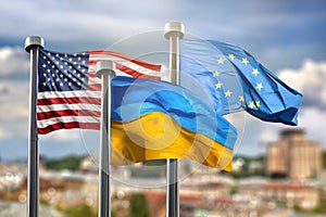 Flags of United states of America, Ukraine and European Union ag