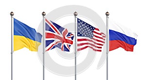 Flags of United States of America, United Kingdom, Russia, and Ukraine. Budapest Memorandum on Security Assurances. 3D
