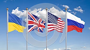 Flags of United States of America, United Kingdom, Russia, and Ukraine. Budapest Memorandum on Security Assurances. 3D
