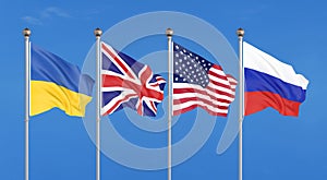 Flags of United States of America, United Kingdom, Russia, and Ukraine. Budapest Memorandum on Security Assurances. 3D