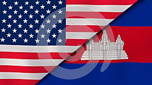 The flags of United States and Cambodia . News, reportage, business background. 3d illustration