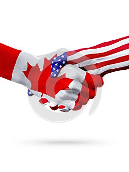 Flags of United States and Canada countries, overprinted handshake.