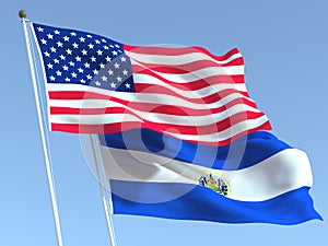 The flags of United States and El Salvador on the blue sky. For news, reportage, business. 3d illustration photo
