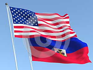 The flags of United States and Haiti on the blue sky. For news, reportage, business. 3d illustration