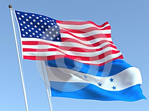 The flags of United States and Honduras on the blue sky. For news, reportage, business. 3d illustration