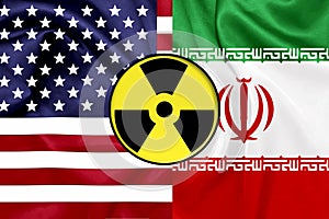 Flags of United States and Iran with Nuclear icon