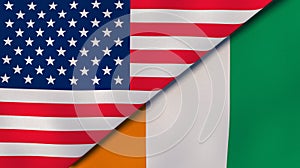 The flags of United States and Ivory Coast. News, reportage, business background. 3d illustration