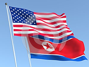 The flags of United States and North Korea on the blue sky. For news, reportage, business. 3d illustration