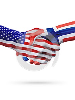 Flags United States and Norway countries, partnership handshake. photo