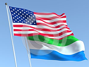 The flags of United States and Sierra Leone on the blue sky. For news, reportage, business. 3d illustration
