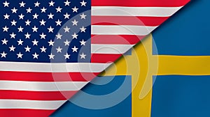 The flags of United States and Sweden. News, reportage, business background. 3d illustration