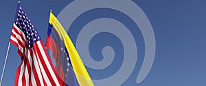 Flags of United States and Venezuela on flagpoles on the side. Flags on a blue background. Place for text. United States of