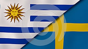 The flags of Uruguay and Sweden. News, reportage, business background. 3d illustration