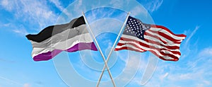 flags USA and asexuality Pride waving in the wind on flagpole against the sky with clouds on sunny day. 3d illustration