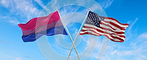 flags USA and Bisexuality Pride waving in the wind on flagpole against the sky with clouds on sunny day. 3d illustration