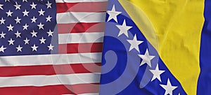 Flags of USA and Bosnia and Herzegovina. Linen flag close-up. Flag made of canvas. United States of America. Sarajevo State