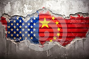 flags of USA and China painted on cracked wall, political conflict concept