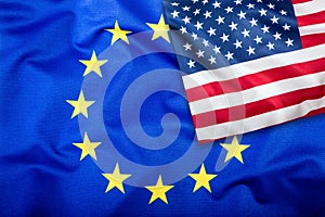 Flags of the USA and the European Union. American Flag and EU Flag. Flag inside stars. World flag concept