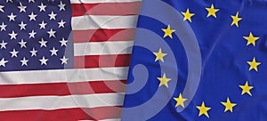 Flags of USA and the European Union. Linen flags close-up. Flag made of canvas. United States of America. EU. National symbols. 3d