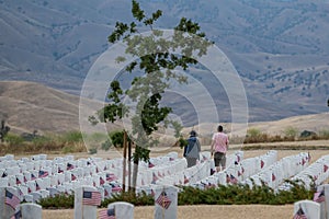 Flags of the USA in front of headstones at the Bakersfield National Cemetery on Memorial Day 2022