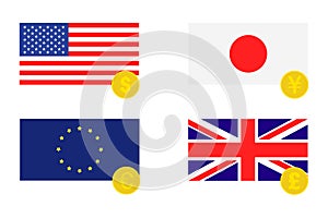 Flags USA Japan Europe Great Britain golden coins yen dollar pound euro exchange. Flat design EPS 10