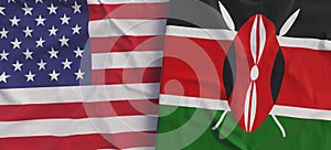 Flags of USA and Kenya. Linen flag close-up. Flag made of canvas. United States of America. Kenyan. State national symbols. 3d