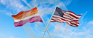 flags USA and Lesbian Pride waving in the wind on flagpole against the sky with clouds on sunny day. 3d illustration