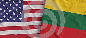 Flags of USA and Lithuania. Linen flag close-up. Flag made of canvas. United States of America. Litovsky, Vilnius. National